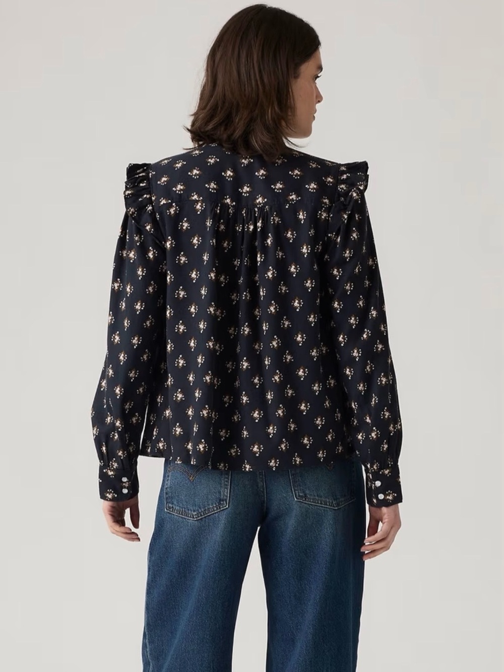 Navy Floral Ruffle Snap Button Blouse - Picture 3 of 9